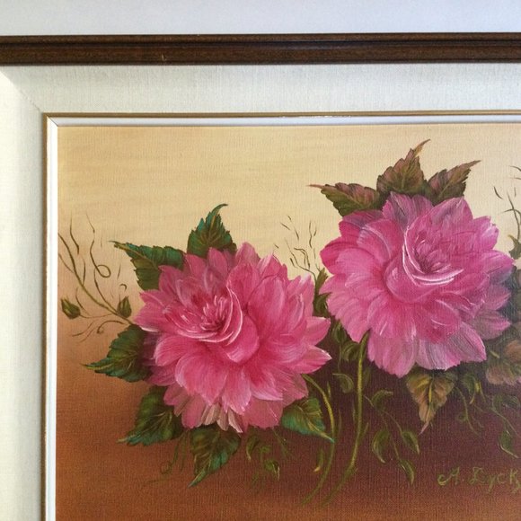 Original painting of two pink flowers on canvas framed signed wall hanging - Picture 3 of 7